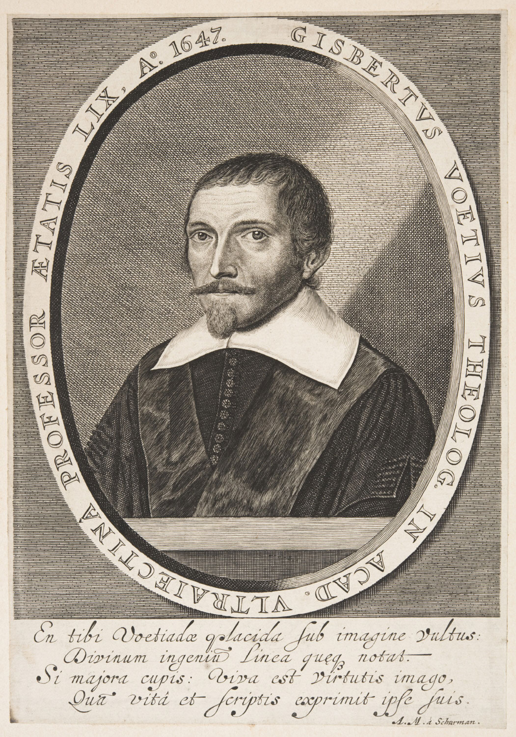 A bust-length, oval portrait of a man in seventeenth-century clothing with an oversized white collar. He looks out directly with a serious expression. His hair is combed forward, and he has a beard and a thin mustache. There is an inscription around the oval and another at the bottom of the page.
